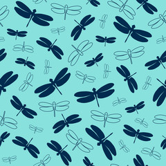 Fototapeta premium Seamless pattern with colorful dragonflies. Dark blue silhouettes and outlines insects on a turquoise background. Vector illustration. Great for designs backdrops, cards, textiles, packings, fabric.