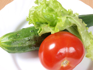 Red tomato green cucumber on a plate. Ingredients for cooking
