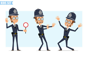 Cartoon flat funny british policeman boy character in helmet, glasses and uniform. Ready for animation. Kid showing stop sign and scary gesture. Isolated on blue background. Vector icon set.