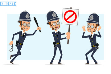 Cartoon flat british policeman boy character in helmet, glasses and uniform. Ready for animation. Kid running with police baton and holding no entry sign. Isolated on blue background. Vector icon set.