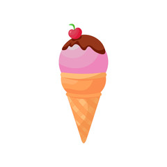 Ice cream pink food isolated on white. Cartoon doodle waffle cone ice cream. Vector illustration cake