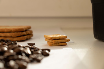Breakfast coffee cookies morning still life background coffee grain on a white background 