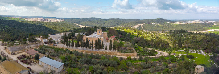 Wide panorama of church in the monastery Beit Jamal from the sky