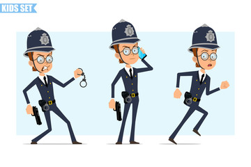 Cartoon flat funny policeman boy character in helmet, glasses and uniform. Ready for animation. Kid running with handcuffs and gun, talking on phone. Isolated on blue background. Vector icon set.
