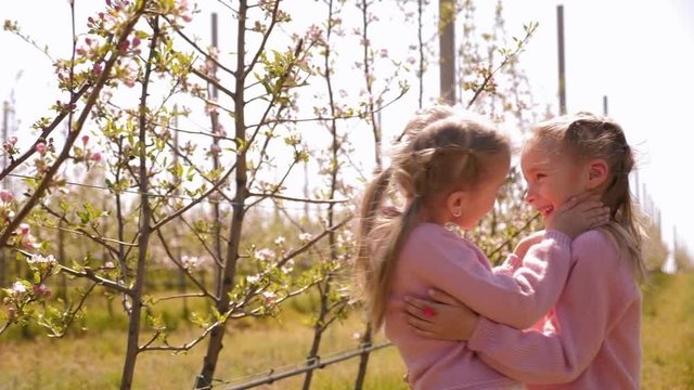 Two cute twin sisters play in a blooming Apple orchard, they hug and laugh. Slow motion.