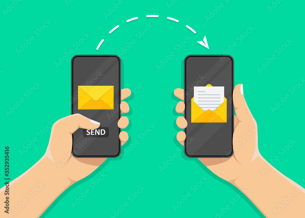 Poster hand holds a mobile phone on the envelope screen and the send button. notification on the smartphone