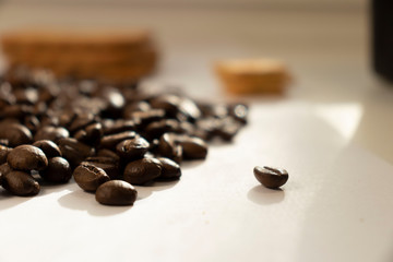 Breakfast coffee cookies morning still life background coffee grain on a white background 