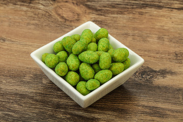 Spicy wasabi peanuts in the bowl