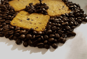 Breakfast coffee cookies morning still life background coffee grain on a white background 