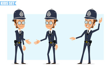 Cartoon flat funny british policeman boy character in helmet, glasses and uniform. Ready for animation. Kid standing, smiling and shaking hands. Isolated on blue background. Vector icon set.