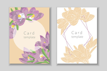Set of rectangular frame with hand drawn crocus flower arrangement. Greeting card template. Vector.