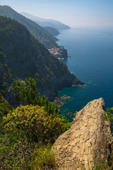 View from the Azure trail of the Ligurian coast and Vernazza, one of five ancient, picturesque villages that make up Italy's Cinque Terre