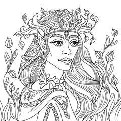Fantasy coloring page for adults with beautiful girl elf