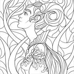 Fantasy coloring page for adults with beautiful girl with horns