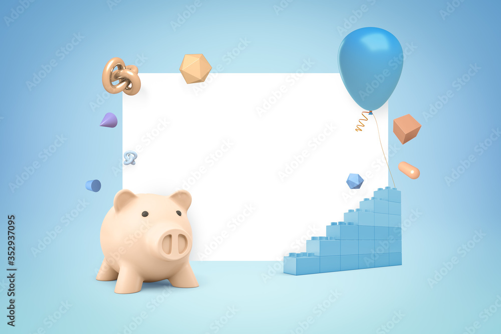 Poster 3d rendering of pink piggy bank, blue blocks pieces and blue balloon with random objects on white an