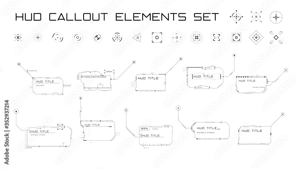 Poster set of callout titles and targets in hud style. futuristic sci-fi callout design. editable stroke. g