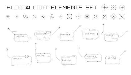 Set of callout titles and targets in HUD style. Futuristic sci-fi callout design. Editable stroke. Good for animation. Vector