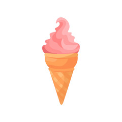 Ice cream pink food isolated on white. Cartoon doodle waffle cone ice cream. Vector illustration cake
