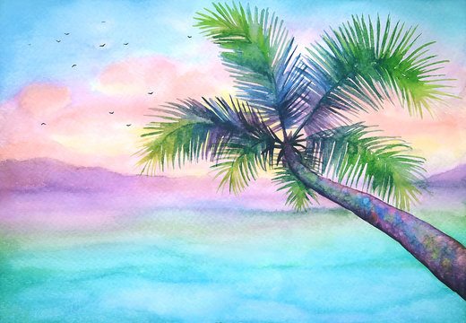 Watercolor tropical sunset landscape with palm