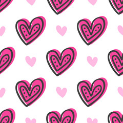 Beautiful unusual pink hearts with a black outline isolated on a white background. Childish cute seamless pattern. Hand drawn vector graphic illustration. Texture.