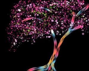 Hand Drawn Pink Blossom Spring Tree Art isolated on a Black Background