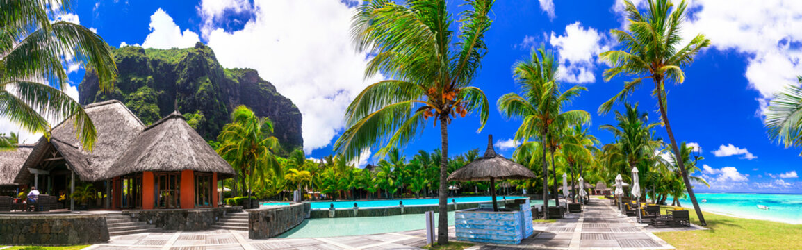 Exotic tropical vacation in Mauritius island. Paradis Beachcomber Golf Resort & Spa. Le Morne Peninsula. February 2020