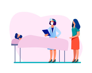 Doctor with disease history near patient bed. Hospital, analysis, guest flat vector illustration. Medicine and healthcare concept for banner, website design or landing web page