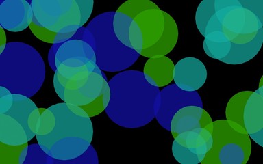 Multicolored translucent circles on a dark background. Green tones. 3D illustration