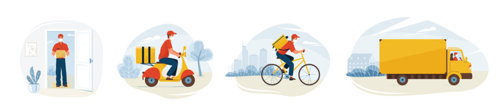 Delivery service vector illustration. Fast safe deliver by courier man to home. Bicycle, motorcycle and truck ride on the road with landscape. Worker wearing in mask gloves to prevent corona pandemic