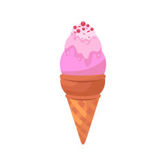Ice cream pink food isolated on white. Cartoon doodle waffle cone ice cream. Vector illustration cake