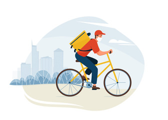 Delivery service vector illustration. Fast safe deliver by courier ride by bike to work or home, outdoor city landscape, cityscape. Worker wearing in respiratory mask to prevent corona virus pandemic