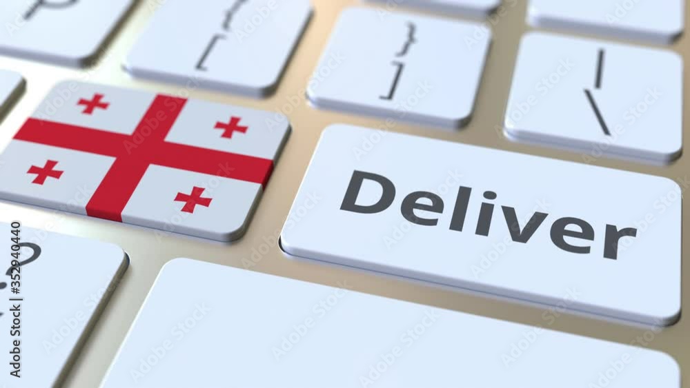 Poster deliver text and flag of georgia on the computer keyboard. logistics related 3d animation