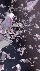 Flying euro banknotes on a outer space starry background. Money flying in the outer space. 500 EURO in color. Vertical orientation. 3D illustration
