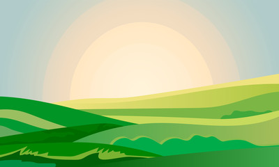 Fototapeta na wymiar Summer green landscape field dawn above hills with grass. Sunrise in countryside. Cartoon eco farm park. Vector illustration nature backdrop