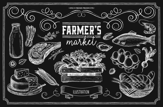 Set of farm products on a chalk board. A set of illustrations for the design of the menu of restaurants and farm shops.