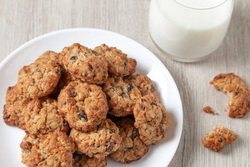 Cookies on a white plate with milk.  Biscuit concept.