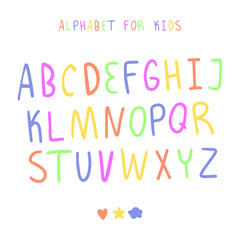 Bright children English alphabet drawn in Doodle style. Vector illustration of the English alphabet. All letters are isolated, suitable for making any inscriptions.