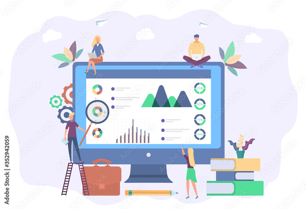 Poster seo analytics. search engine optimization analysis concept. it professionals work with analytic web 