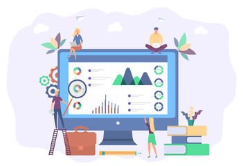 Obraz premium SEO analytics. Search engine optimization analysis concept. IT professionals work with analytic web pages with graphs. Colorful vector illustration.