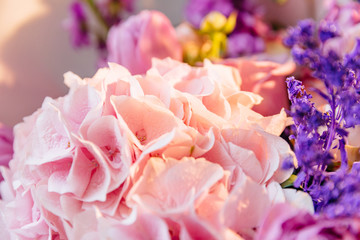 Beautiful pink hydrangea flower close up. Artistic natural background. flower in bloom in spring and summer. Designer flower bouquet from a florist. Beautiful blossoming flower  wedding bouquet.