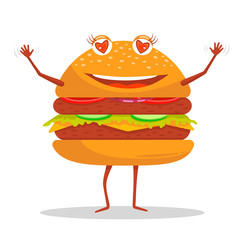 Funny, funny hamburger with a smile on his face.