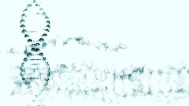 Distorted replication of a dna strand nd a flow of blue particles on the light blue backround.