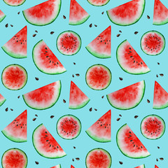 Watermelon slice fruit seamless patterns watercolor hand drawn illustration, fresh healthy food - natural organic food fabric texture on blue background. Scrapbook paper