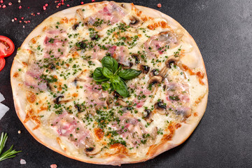 Fresh hot pizza with bacon, onions, greens and tomatoes made in an oven