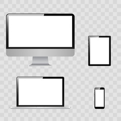 Set of realistic monitor, laptop, tablet, phone on a white background