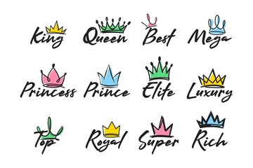 Crown sketches and lettering set. Prince, princess, king hand drawn text, doodles in graffiti style isolated on white background. Flat vector illustrations for logos and greeting cards design