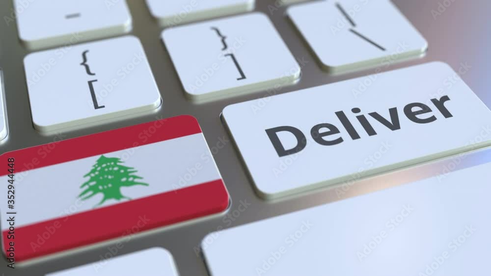 Poster deliver text and flag of lebanon on the computer keyboard. logistics related 3d animation