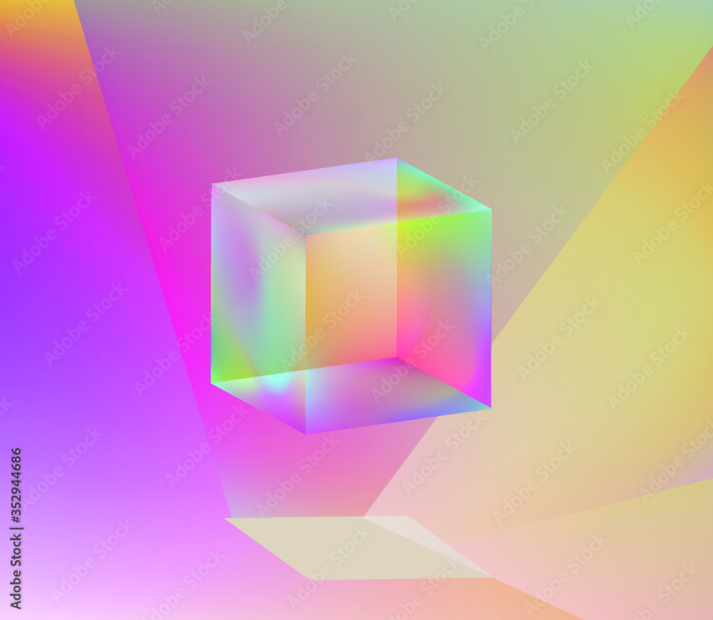 Poster cube or rectangular cuboid prism in neon holographic colors, showing light refraction effect. abstra