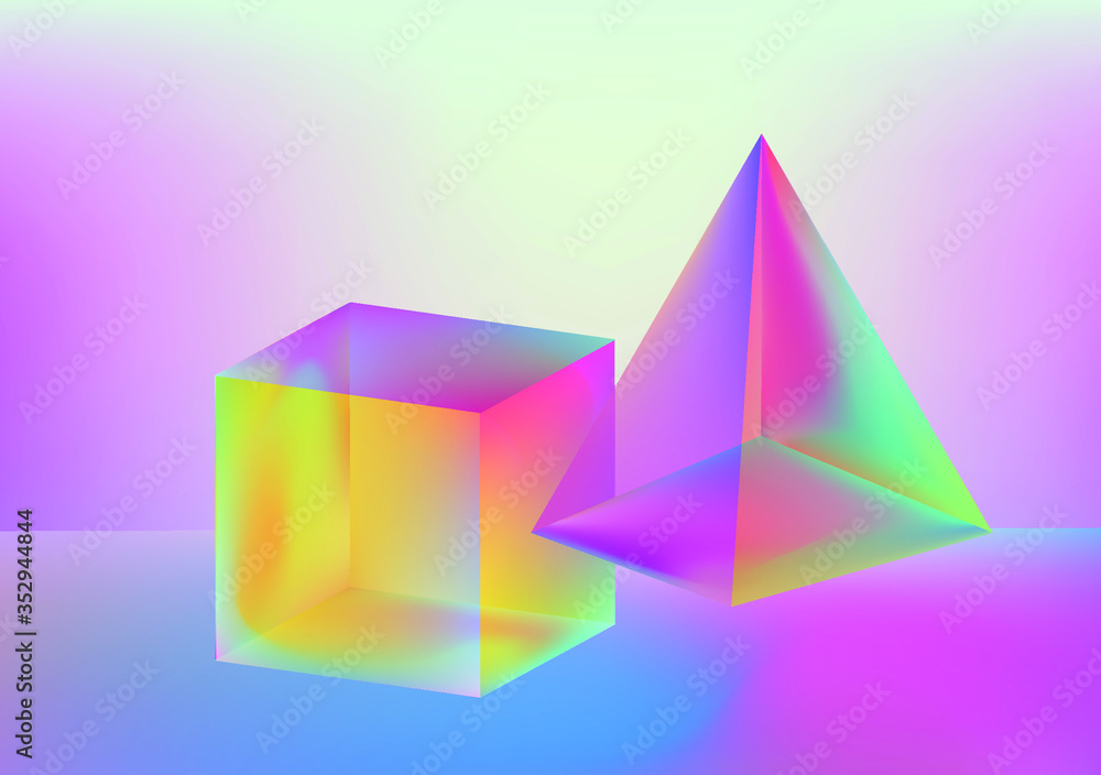 Poster cube and pyramind prism in neon holographic colors, showing light refraction effect. abstract vector