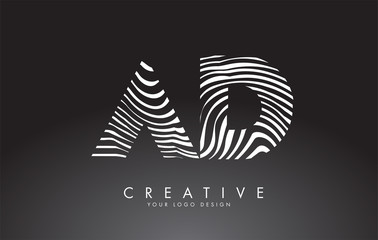 AD a d Letters Logo Design with Fingerprint, black and white wood or Zebra texture on a Black Background.